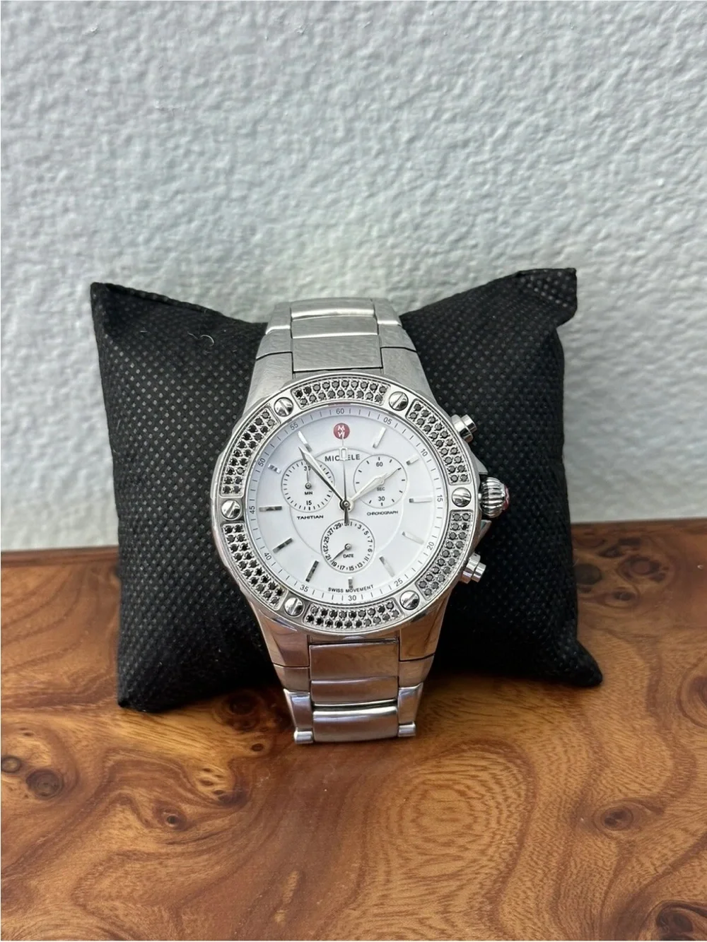 Unique & Rare Michele Tahitian Black Diamond & SS Band Chronograph Ladies Watch